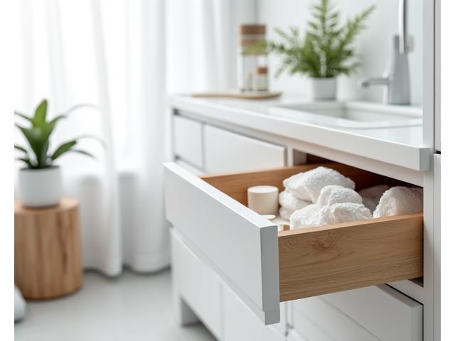 Compact modular drawers organizing toiletries and personal care items in a clean bathroom.