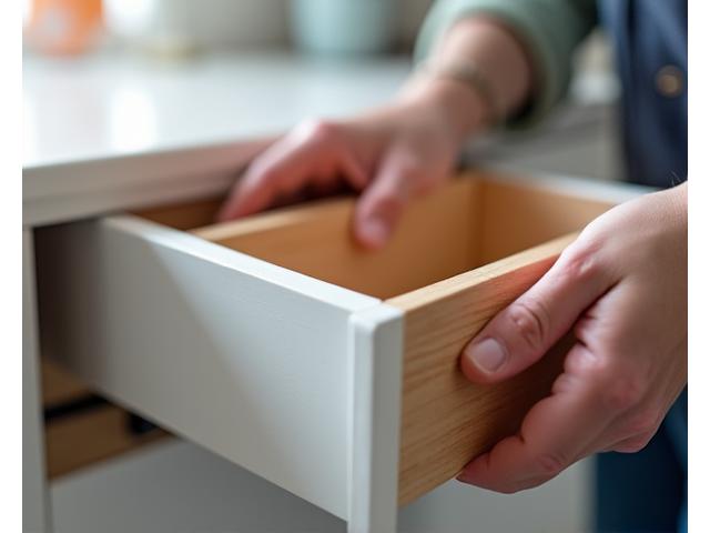 Person inspecting a drawer slide for alignment issues.