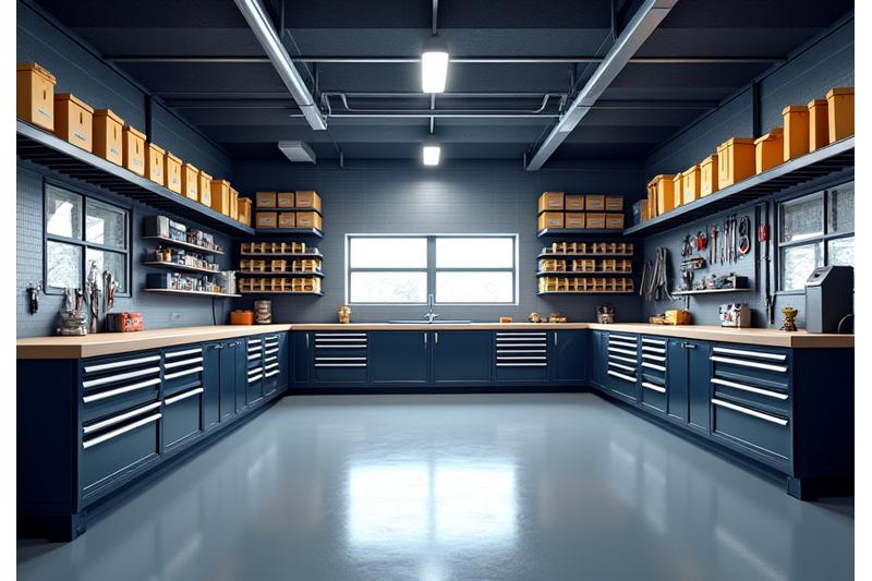 Bright, organized garage with modular shelving and wall-mounted storage