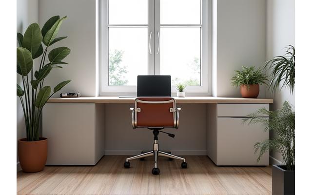 A small, modern home office space with a modular desk unit on wheels, easily shifted to create more open space or accommodate guests.