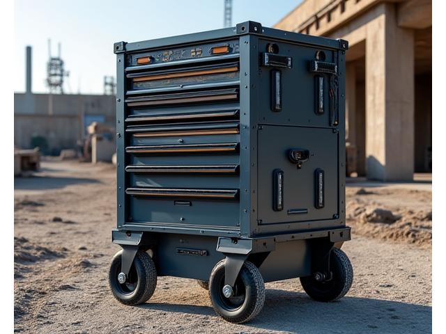 Mobile security cart for job sites, constructed from durable steel with lockable drawers and heavy-duty wheels, on a construction site.