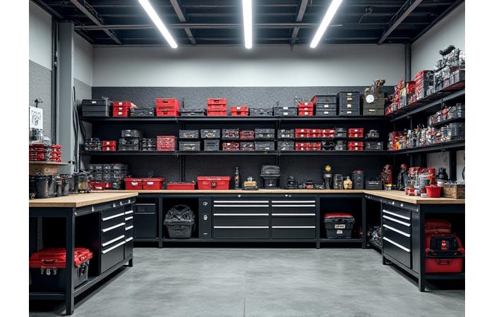 Well-organized industrial workshop with heavy-duty shelving holding tools, equipment, and storage bins, showcasing high weight capacity